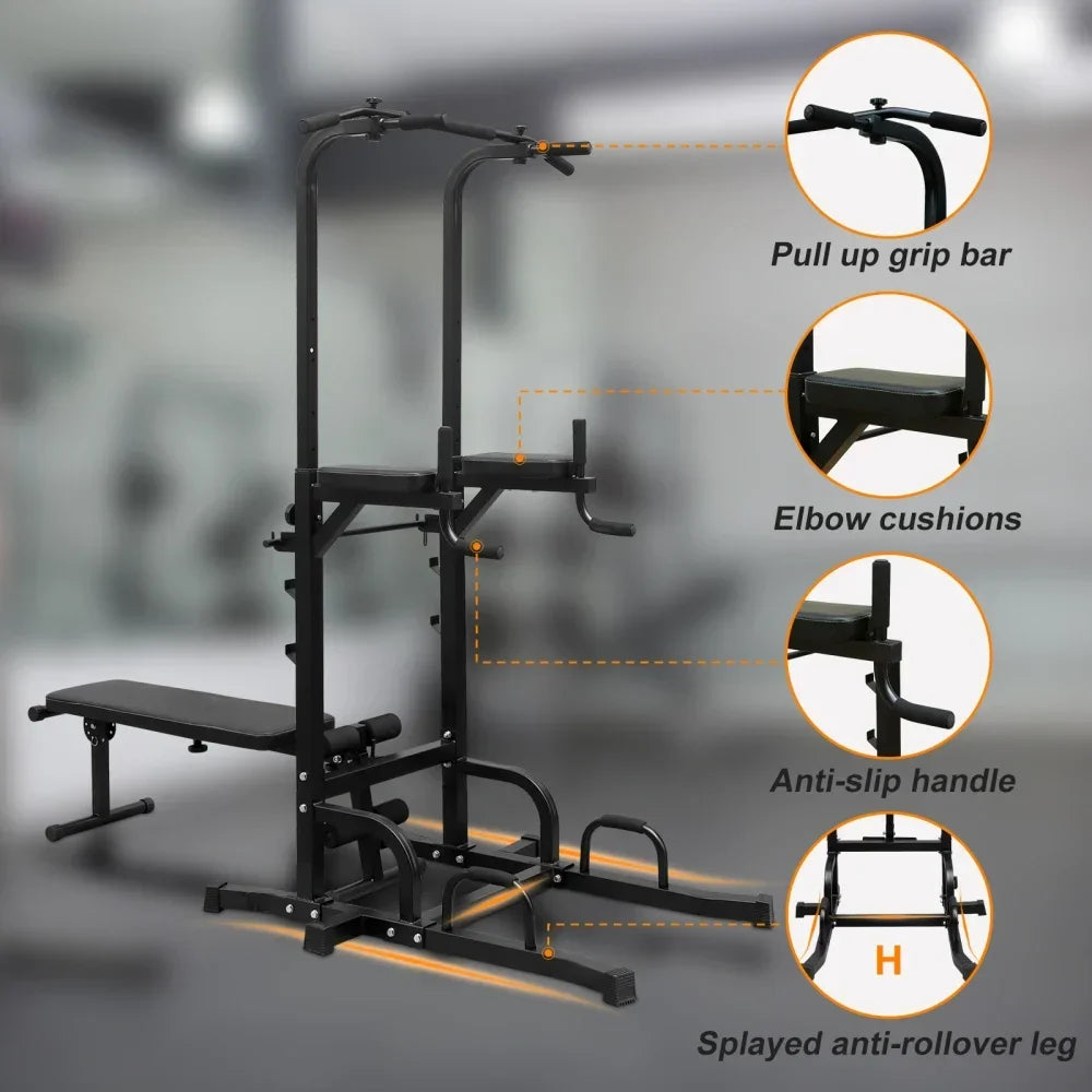 Dip Station with Bench Pull Up Bar Stand Adjustable Height