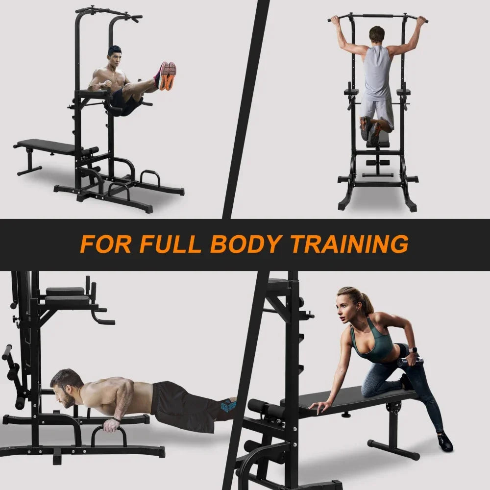 Dip Station with Bench Pull Up Bar Stand Adjustable Height