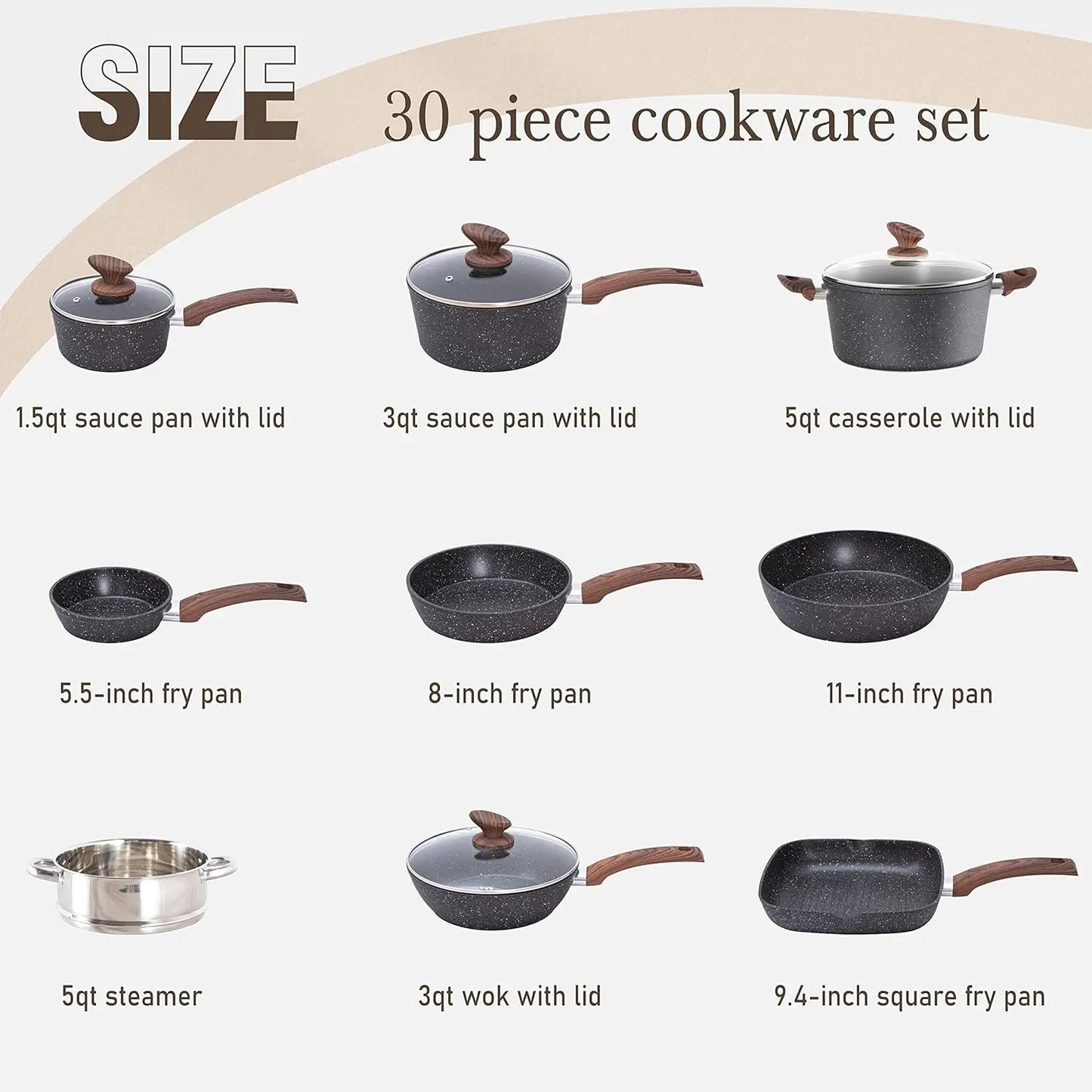 - 30 Piece Black Granite Cooking Pans Set, Non Stick