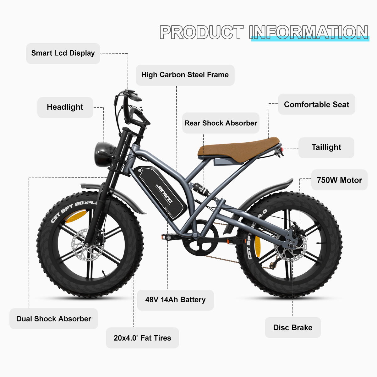 20" Fat Tires Electric Bikes 750W Motor 48V 14Ah Battery