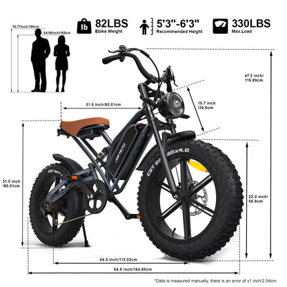 20" Fat Tires Electric Bikes 750W Motor 48V 14Ah Battery