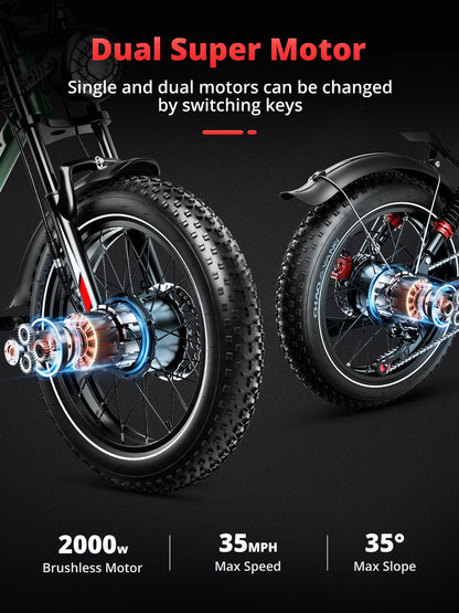 Adults  2000W Dual Motor  20" Electric E Bikes Mountain Moped