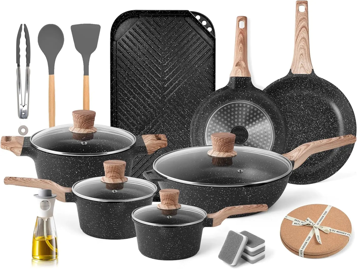 Nonstick Kitchen Cookware  (Classic Black, 20 Piece Grill Griddle Set)