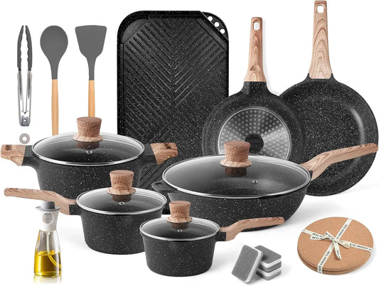 Nonstick Kitchen Cookware  (Classic Black, 20 Piece Grill Griddle Set)