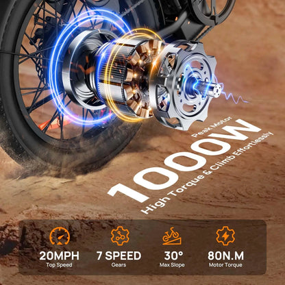 20MPH, 20''X3" Fat Tire, 7-Speed E-Bike with Dual Disc Brake
