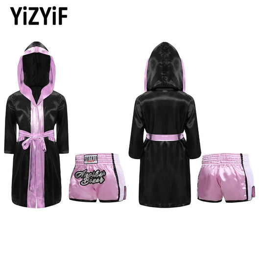 Metallic Trim Satin Belted Robe Hooded Set