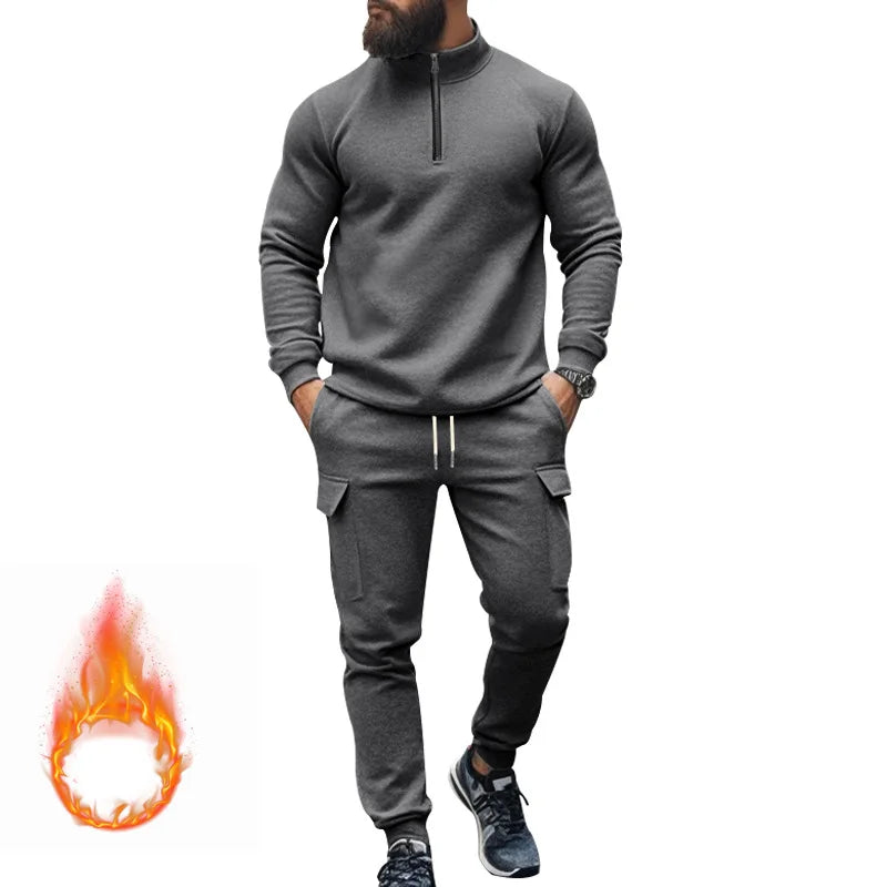 men's casual velvet warm zipper sports trousers set