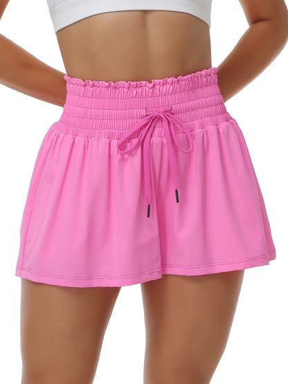 Women's 2-in-1 High Waist Running Shorts with Elastic Waist Drawstring