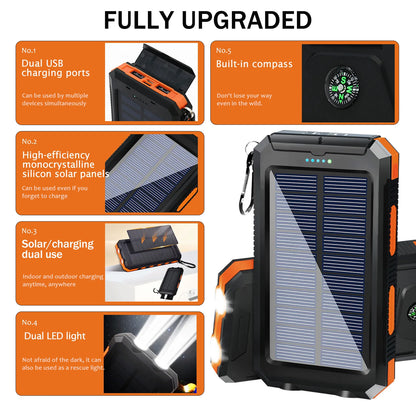 Solar Power Bank Waterproof  2 LED Light Flashlight For Cell IPhone