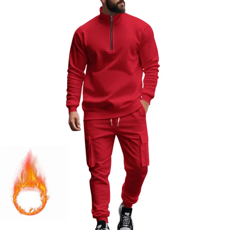 men's casual velvet warm zipper sports trousers set