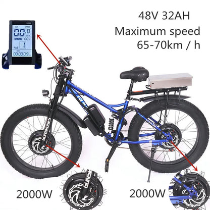 Electric Bicycle , Fat tire, Front and Rear, Double Drive, Mountain Bike
