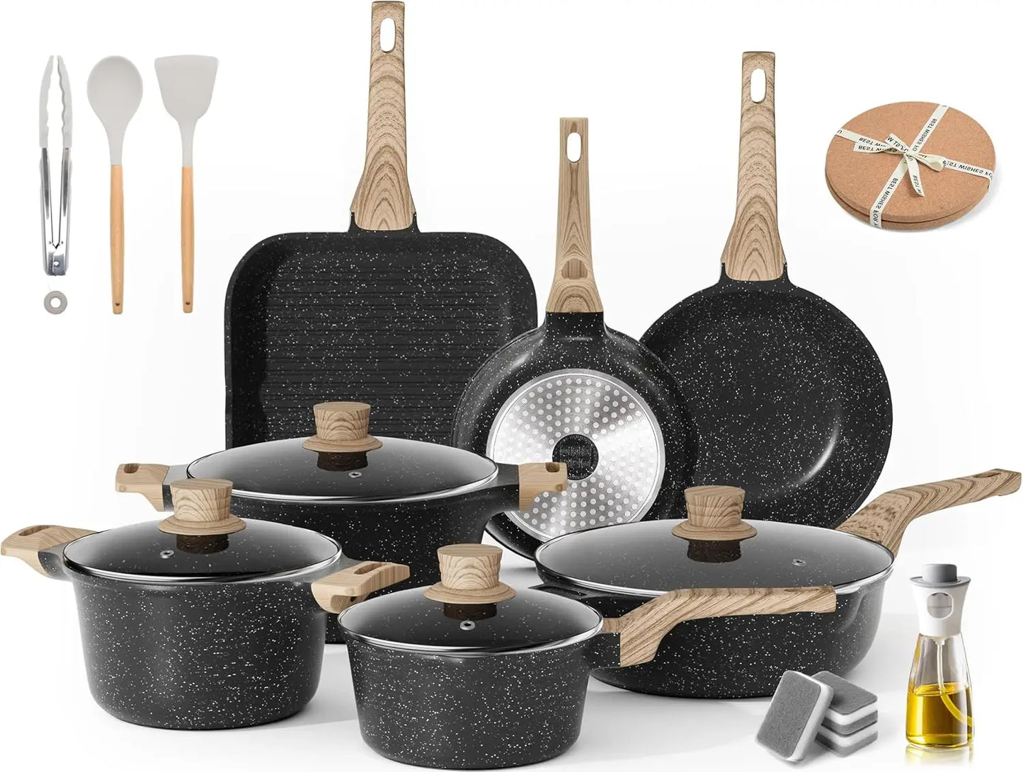 Nonstick Kitchen Cookware  (Classic Black, 20 Piece Grill Griddle Set)
