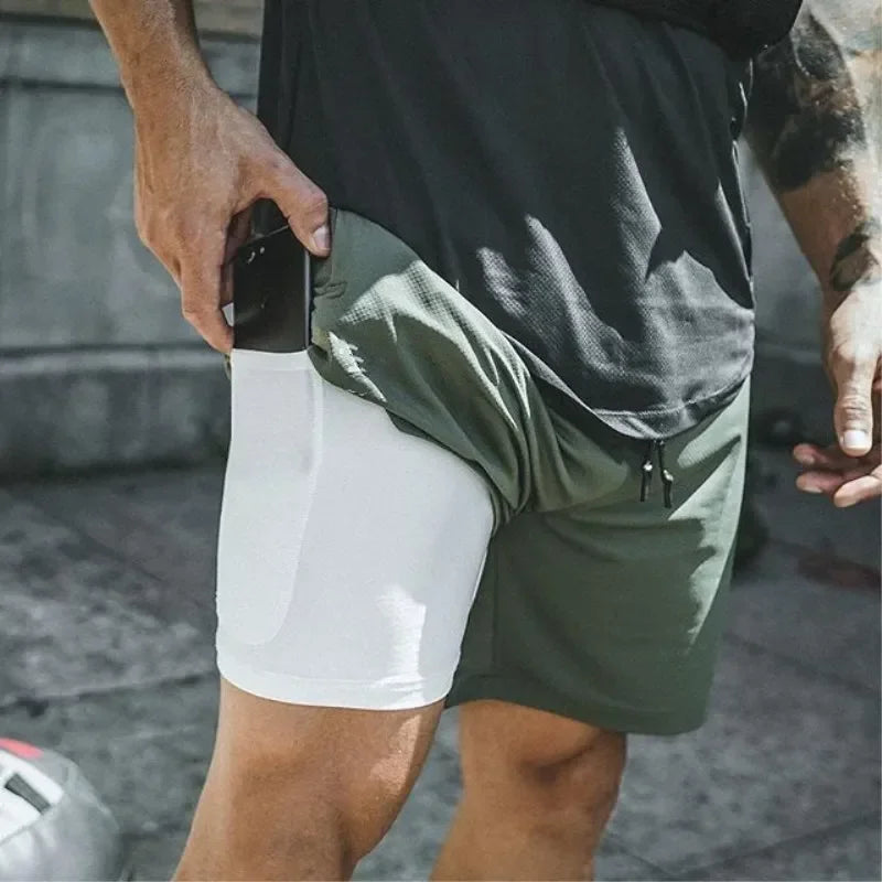 Men Double Layer Fitness Shorts, Quick Dry Workout