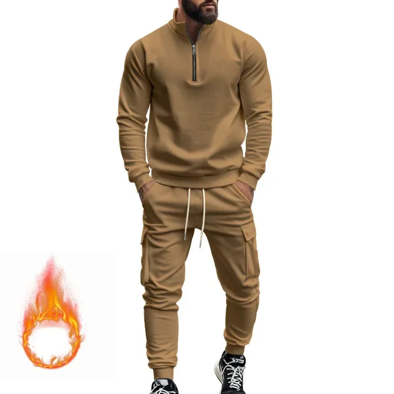 men's casual velvet warm zipper sports trousers set