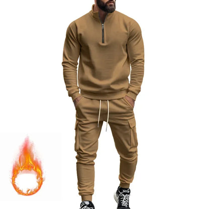 men's casual velvet warm zipper sports trousers set