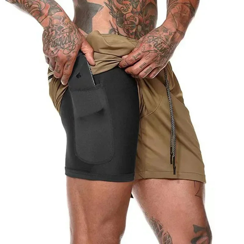 Men Double Layer Fitness Shorts, Quick Dry Workout
