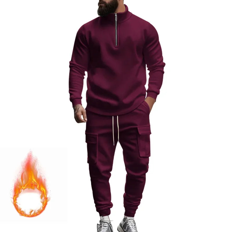 men's casual velvet warm zipper sports trousers set