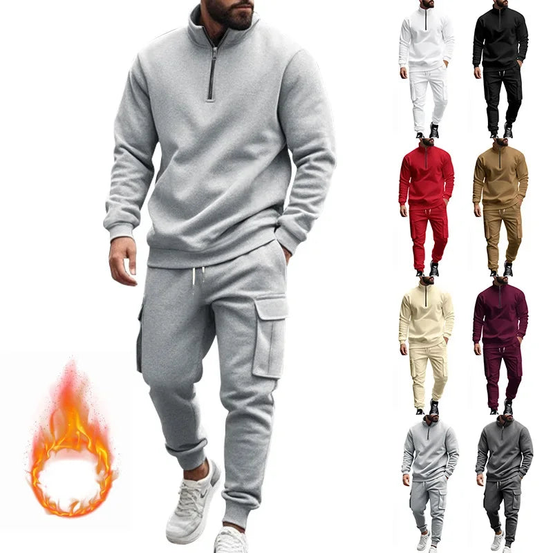 men's casual velvet warm zipper sports trousers set