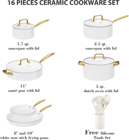 Non Stick - Ceramic Cookware Set with Cooking Utensils