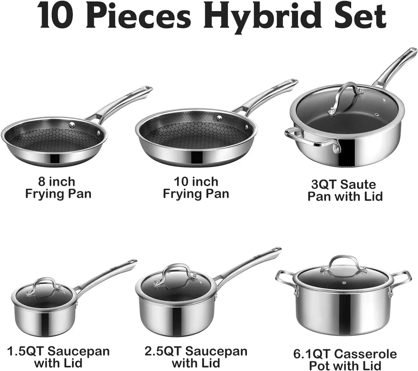 Non Stick, 10 Pcs Hybrid Stainless Steel Cookware Sets