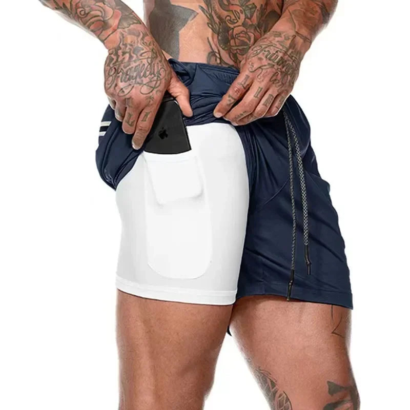 Men Double Layer Fitness Shorts, Quick Dry Workout
