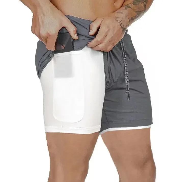 Men Double Layer Fitness Shorts, Quick Dry Workout