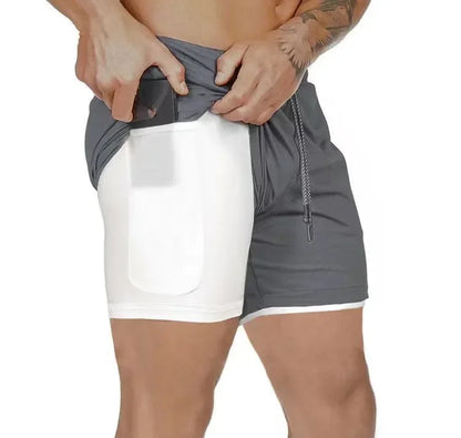 Men Double Layer Fitness Shorts, Quick Dry Workout