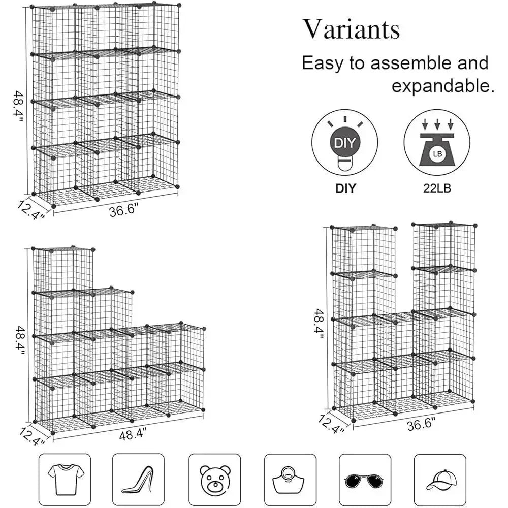12-Cube Modular Shelving Metal Grid Storage Bins Durable