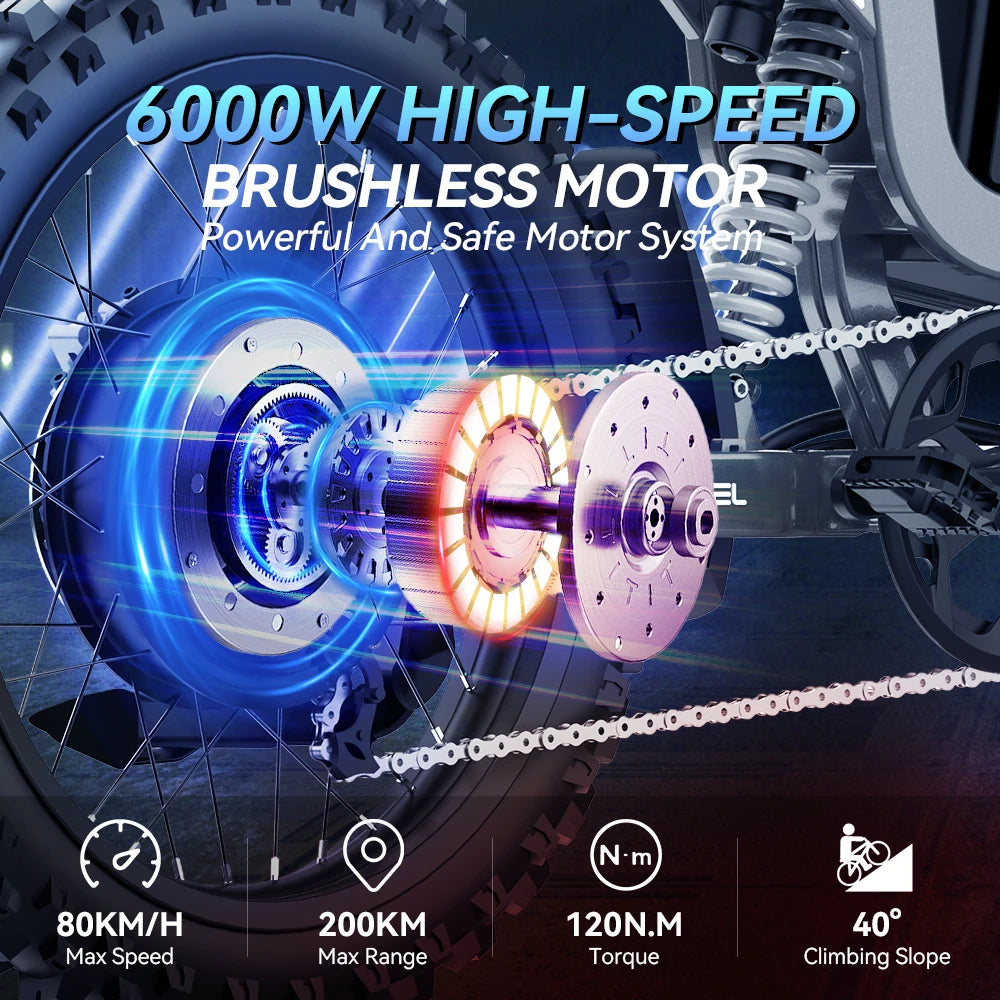 Adult Electric Bike 3000W Power Motor High-Strength Off-Road Tires