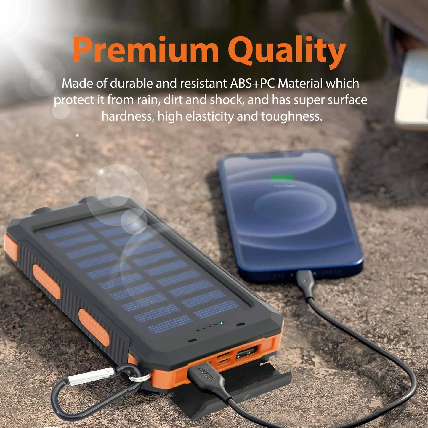 Solar Power Bank Waterproof  2 LED Light Flashlight For Cell IPhone