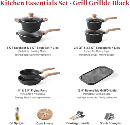 Nonstick Kitchen Cookware  (Classic Black, 20 Piece Grill Griddle Set)