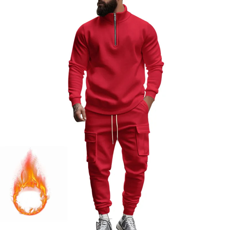 men's casual velvet warm zipper sports trousers set