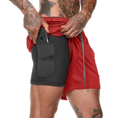 Men Double Layer Fitness Shorts, Quick Dry Workout