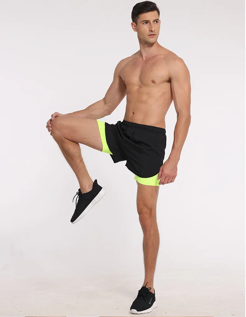 Men Double Layer Fitness Shorts, Quick Dry Workout
