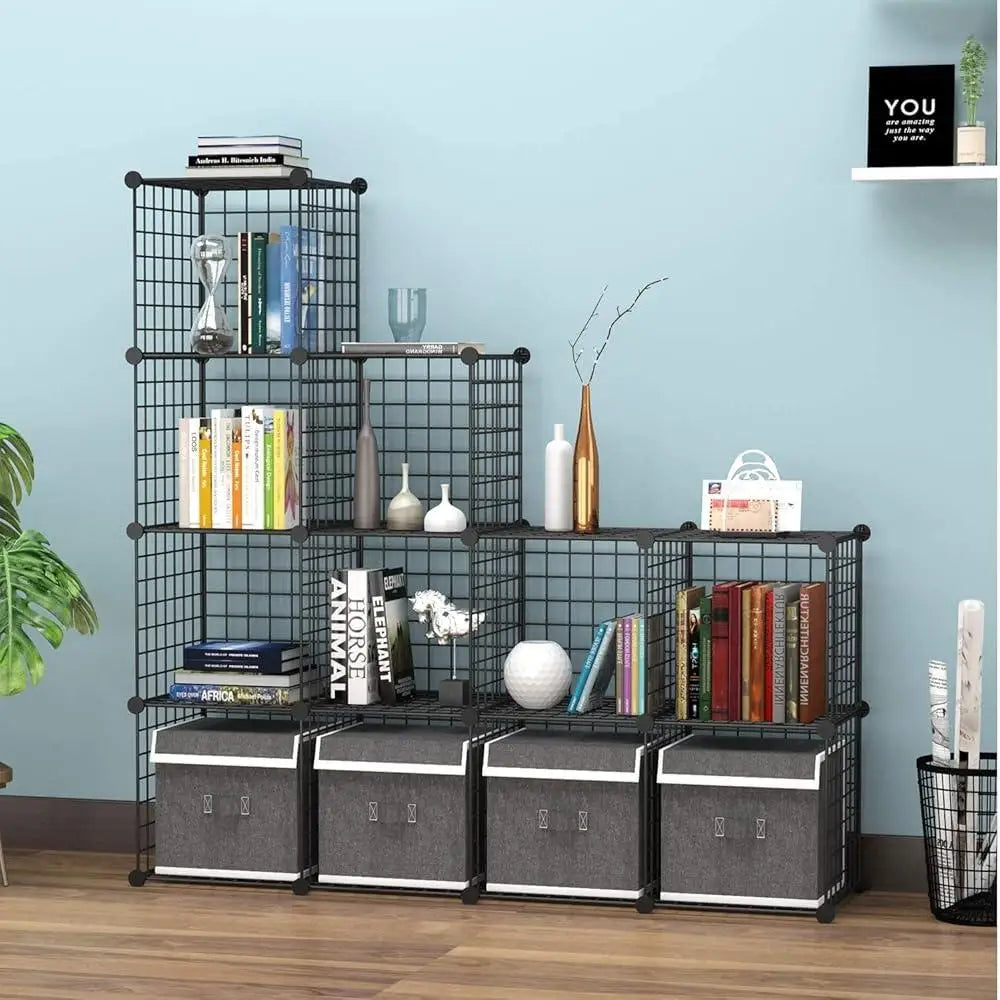 12-Cube Modular Shelving Metal Grid Storage Bins Durable