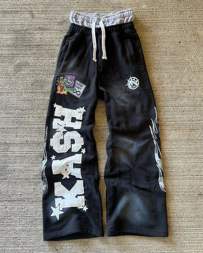 Letter Patch Retro Double Layer Design Baggy  Waist Jogging Pants
