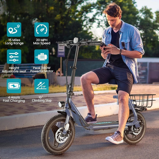 Electric Scooter , 20MPH Top Speed, 15Miles Range, with Seat