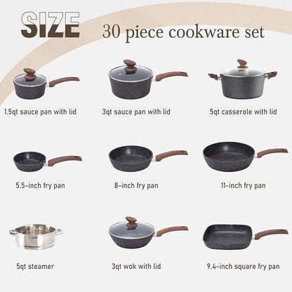 - 30 Piece Black Granite Cooking Pans Set, Non Stick