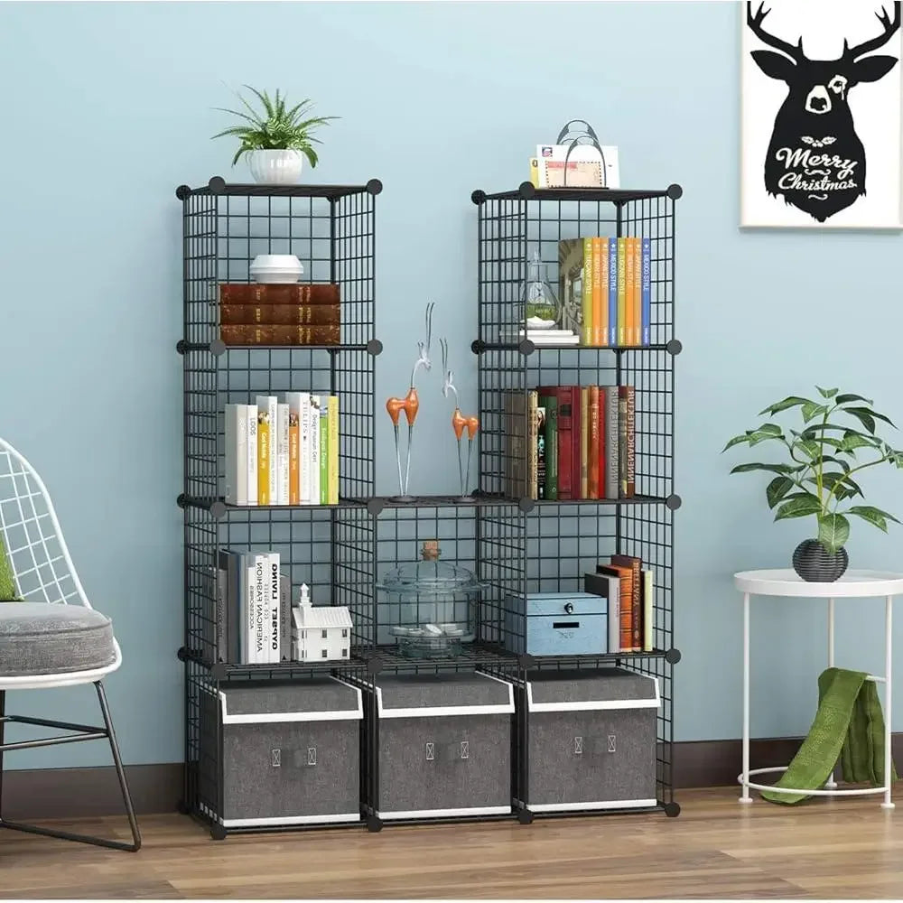 12-Cube Modular Shelving Metal Grid Storage Bins Durable