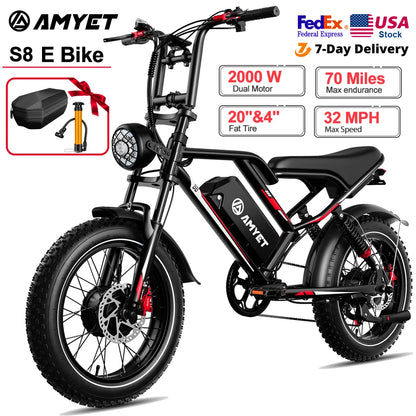 Adults  2000W Dual Motor  20" Electric E Bikes Mountain Moped