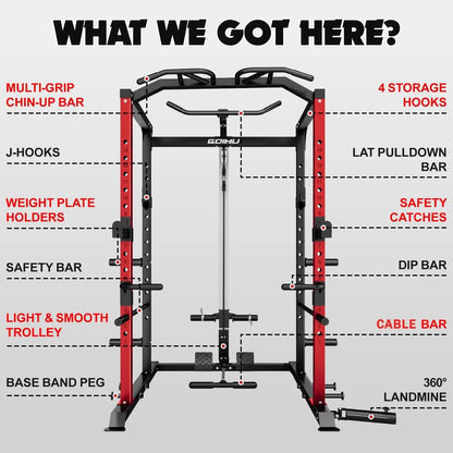 2000LBS Squat Rack with LAT Pulldown, Multi-Function