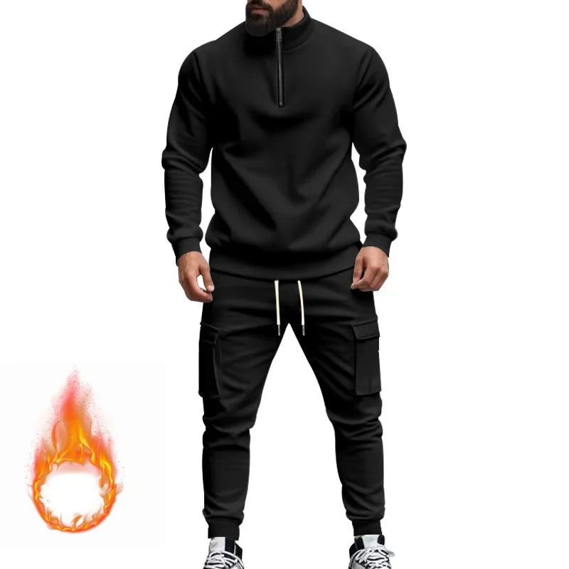 men's casual velvet warm zipper sports trousers set