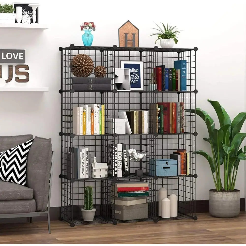 12-Cube Modular Shelving Metal Grid Storage Bins Durable