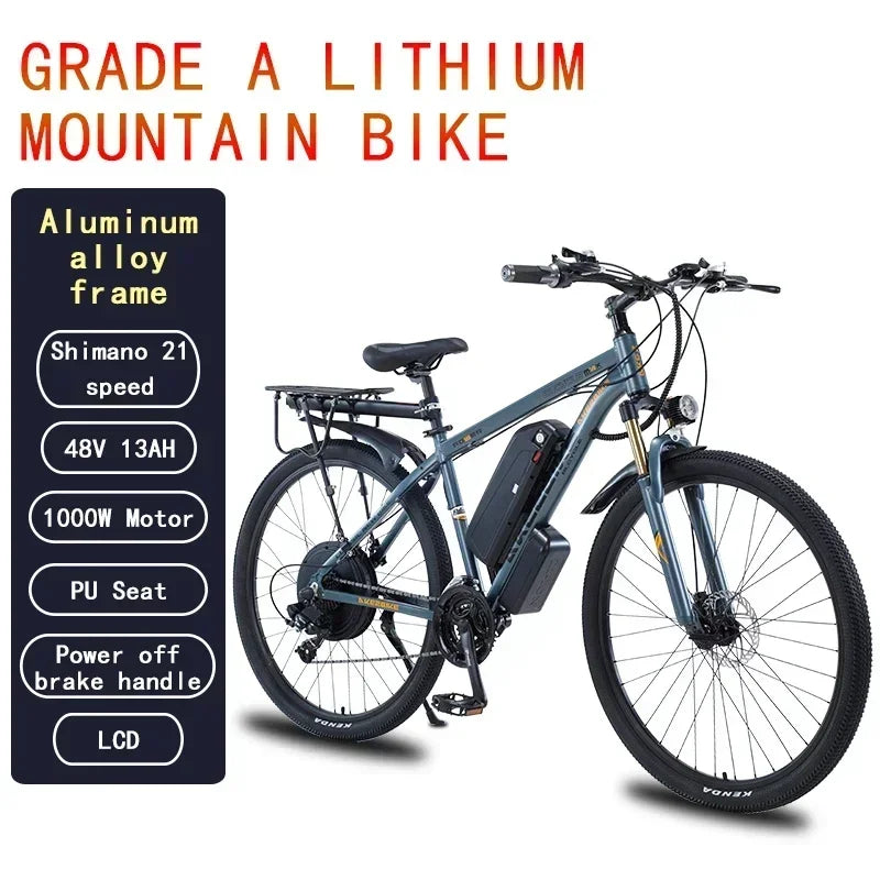 Detachable 13Ah Battery Electric Bike 60 Mile Range Dual Disc Brake Alloy