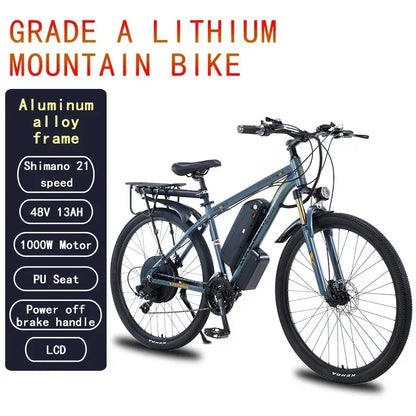 Detachable 13Ah Battery Electric Bike 60 Mile Range Dual Disc Brake Alloy