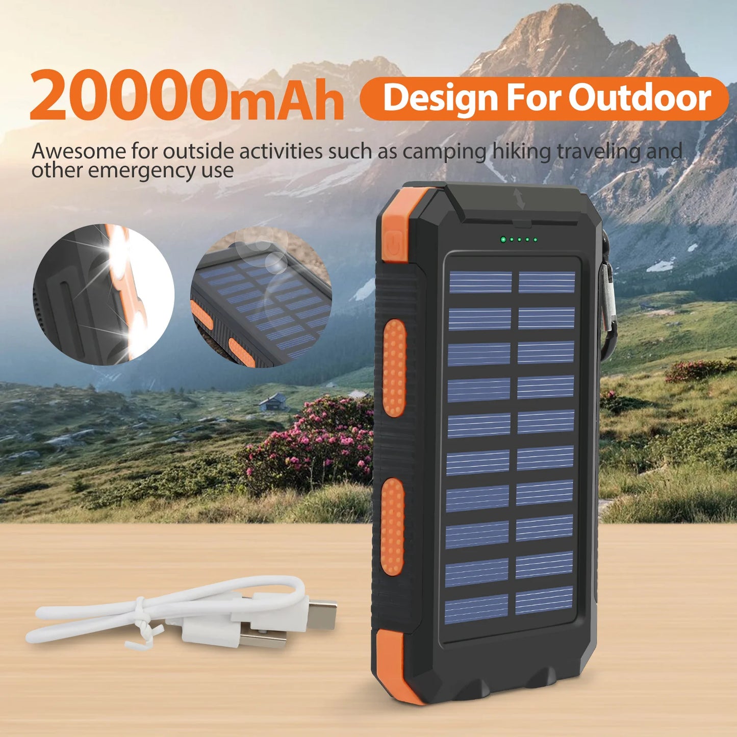 Solar Power Bank Waterproof  2 LED Light Flashlight For Cell IPhone